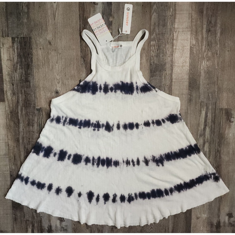 SUNDRY Tie Dye Rib Tank Womens Size 3 White Navy Blue Sleeveless Halter Top NEW